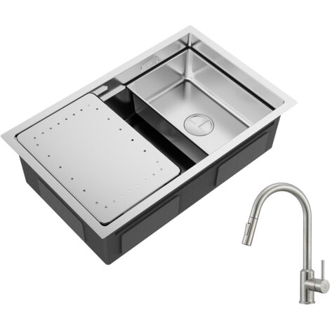 Cecipa Évier Cuisine 1 Bac 70×44×21CM Évier à Encastrer Inox Brossé avec Egouttoir et Vasque + Mitigeur de Cuisine Brossé avec Douchette Extractible (1/5)