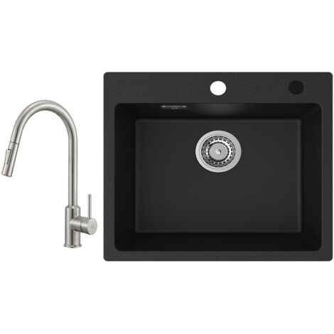 Cecipa Evier 1 Bac Quartz Noir 50x45cm Evier de Cuisine en Quartz Evier de Cuisine en Granit + Mitigeur de Cuisine avec Douchette Extractible - 2 Modes de Sortie D'eau (1/5)