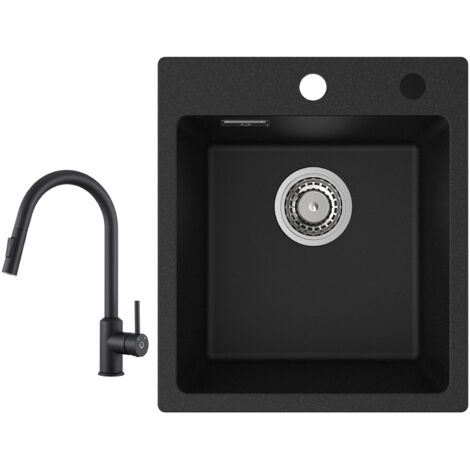 Cecipa Evier Quartz Noir 40x45cm Evier de Cuisine en Granit Evier à Encastrer 1 Vasque + Mitigeur de Cuisine avec Douchette Extractible Rotatif à 360 ° Noir (1/5)