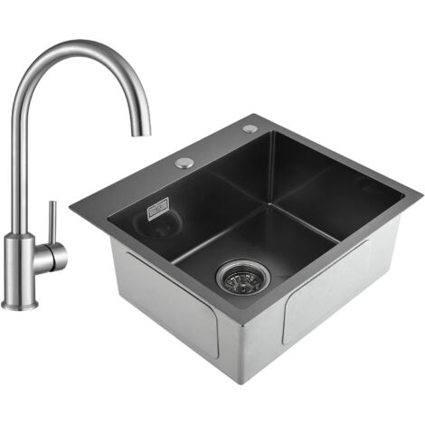 Cecipa 2 en 1 évier de cuisine 1 bac 50 x 45 x 18,5 cm noir gris + Robinet de cuisine Brossé (1/5)