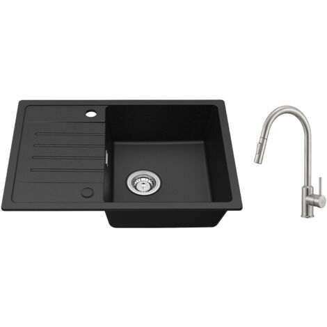 Cecipa Evier de cuisine avec égouttoir Noir 65 x 45 cm Evier à encastrer Deux directions d'installation + Mitigeur de Cuisine avec Douchette Extractible - 2 Modes de Sortie D'eau (1/5)