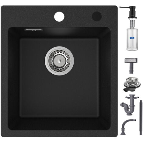 Cecipa Évier Quartz Noir 40x45cm + Distributeur de Savon, Évier de Cuisine en Quartz Évier de Cuisine en Granit, Evier Encastré 1 Bac (1/5)