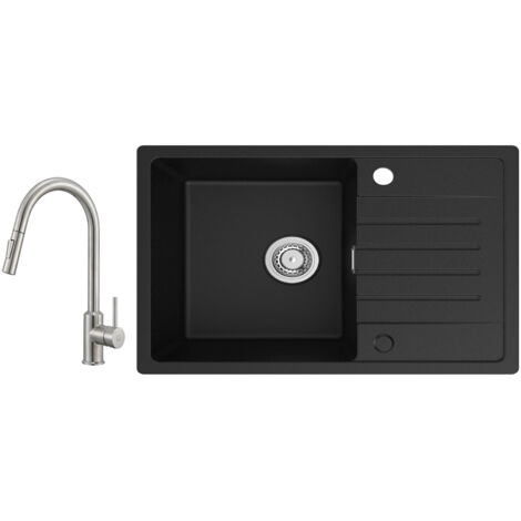 Cecipa Evier 1 Bac avec Egouttoir, Evier de Cuisine en Quartz et Résine 78x45cm Grande Capacité Evier Noir + Mitigeur de Cuisine avec Douchette Extractible - 2 Modes de Sortie D'eau (1/5)