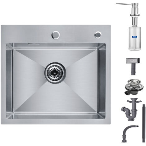 Cecipa Évier de Cuisine 1 Bac, Évier de Cuisine 50 x 45 x 18,5 cm, Évier de Cuisine Carré Inoxydable Brossé + Distributeur de Savon Brossée (1/5)