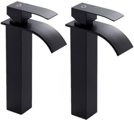 2PCS CECIPA Noir Robinet Cascade avec Haut Bec Mitigeur Lavabo Haut Mono-trou Robinetterie Lave-mains avec Levier Unique en Cuivre Mélangeur l'Eau Chaude et Froide pour Salle de Bain