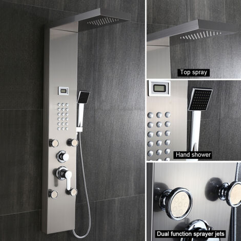 KIT Panneau Colonne de Douche avec Douchette Hydromassante Inox avec Buses Massants Jets de Massage Panneau Ecran Affichage LCD