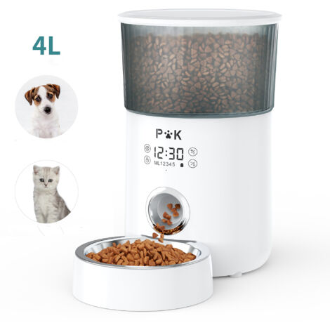 LCD Distributeur de Croquettes 4L p&k pour Chats et Chiens Blanc M80 Distributeur Automatique de Nourriture avec Bol en Acier Inoxydable, Programmable 5 Repas par Jour Fonction d'enregistrement
