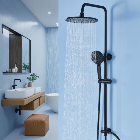 Auralum Max Ensemble de douche noir Colonne de douche ronde sans robinetterie, douche de tête à effet pluie et douchette à 4 jets, hauteur réglable de 74 à 112 cm pour la douche et la baignoire