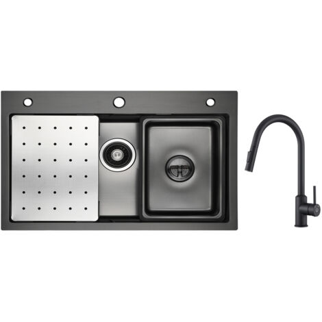 Cecipa Évier 1 Bac 70×45cm avec Egouttoir, Vasque et Distributeur de Savon + Mitigeur de Cuisine avec Douchette Extractible Noir (1/5)