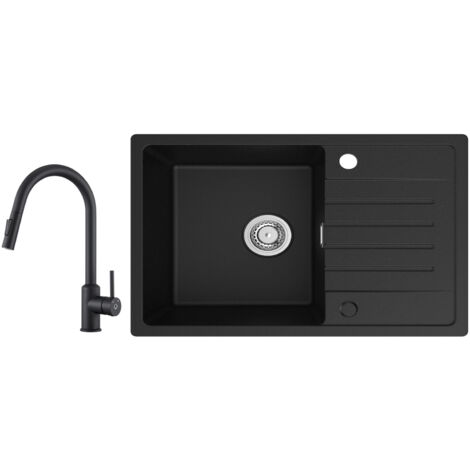 Cecipa Evier 1 Bac avec Egouttoir, Evier de Cuisine en Quartz et Résine 78x45cm Grande Capacité Evier Noir + Mitigeur de Cuisine avec Douchette Extractible Rotatif à 360 ° Noir (1/5)