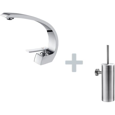 Auralum Arc Mitigeur Lavabo en Laiton Monotrou avec Mousseur Démontable+Porte Brosse Toilette Acier Inoxydable Brosse WC Mural (1/5)