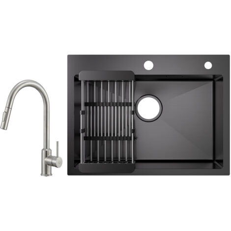 Cecipa Évier 1 Bac Inox avec Panier de Drainage - Évier de Cuisine Noir 60×45×18 cm + Mitigeur de Cuisine avec Douchette Extractible-2 Modes de Sortie D'eau (1/5)
