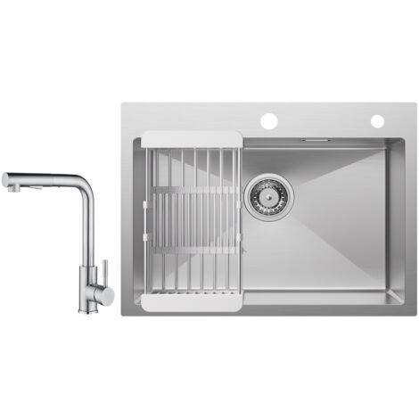 Cecipa Évier de Cuisine 1 Bac 60×45×18CM Évier Cuisine Acier Inoxydable 304 Brossé avec Panier de Drainage + Mitigeur Cuisine avec Douchette Extractible - 2 Jets aux Choix - Brossé (1/5)