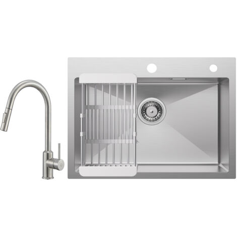 Cecipa Évier de Cuisine 1 Bac 60×45×18CM Évier Cuisine Acier Inoxydable 304 Brossé avec Panier de Drainage + Mitigeur de Cuisine avec Douchette Extractible - 2 Modes de Sortie D'eau (1/5)