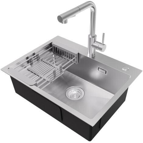 CECIPA MAX Ensembles d'évier de cuisine, 60 × 45 CM Évier de Cuisine 1 Bac Acier Inoxydable avec Extractible Mitigeur de Cuisine, Panier de Drainage, Brossé