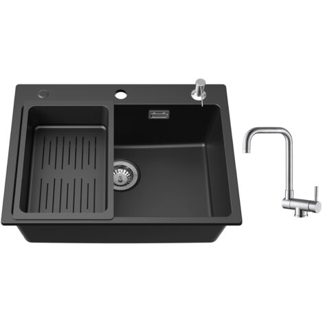Cecipa Evier en Quartz et Résine 60 x 45cm, avec Panier de Vidange et Distributeur de Savon Gratuits + Robinet Cuisine Rabattable Mitigeur de Evier Repliable Brossé (1/5)