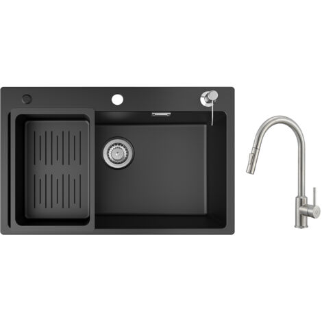 Cecipa Evier 1 Bac en Quartz et Résine 70x45cm Evier de Cuisine avec Panier de Vidange et Distributeur de Savon + Mitigeur avec Douchette Extractible 2 Modes de Sortie D'eau (1/5)