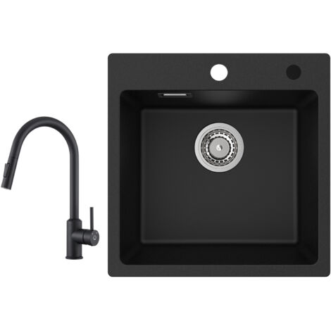 Cecipa Evier 1 Bac en Quartz et Résine 45x45cm Evier de Cuisine Evier à Encastrer 1 cuve + Mitigeur de Cuisine avec Douchette Extractible Rotatif à 360 ° Noir (1/5)