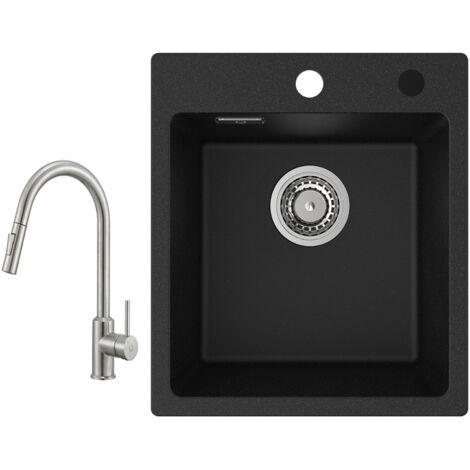 Cecipa Evier Quartz Noir 40x45cm Evier de Cuisine en Granit Evier à Encastrer 1 Vasque + Mitigeur de Cuisine avec Douchette Extractible - 2 Modes de Sortie D'eau (1/5)