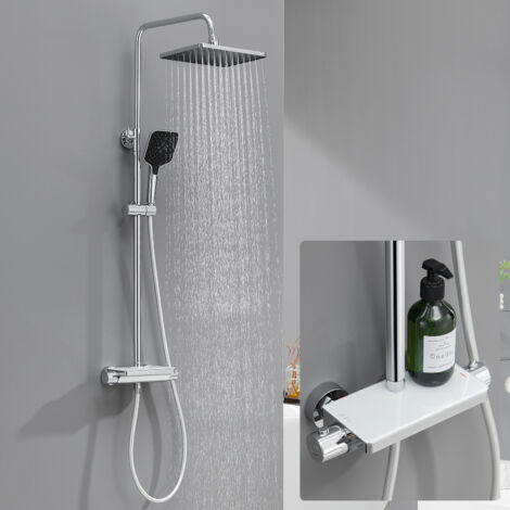 Système de douche thermostatique, douche à effet pluie en acier inoxydable avec douchette 3 fonctions, pommeau de douche et tablette pour salle de bain, chromé