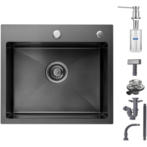CECIPA Evier Cuisine 1 Bac Évier Inox 1 Cuve avec Siphon et Trop-Plein Évier de Cuisine 50×45×18.5CM + Distributeur de Savon Brossée (1/5)