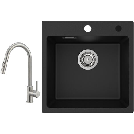Cecipa Evier 1 Bac en Quartz et Résine 45x45cm Evier de Cuisine Evier à Encastrer 1 cuve + Mitigeur de Cuisine avec Douchette Extractible - 2 Modes de Sortie D'eau (1/5)