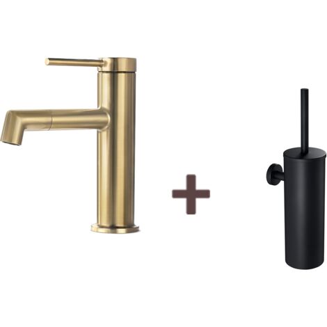 Lonheo Mitigeur de Lavabo Doré Rotatif à 360°,Eau Chaude/Froide,Barboteur Démotable+Brosse Toilettes WC Suspendu avec Support de Brosse, Acier INOX,Noir (1/5)