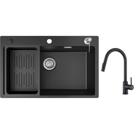 Cecipa Evier 1 Bac en Quartz et Résine 70x45cm Evier de Cuisine avec Panier de Vidange et Distributeur de Savon + Mitigeur de Cuisine avec Douchette Extractible Noir (1/5)