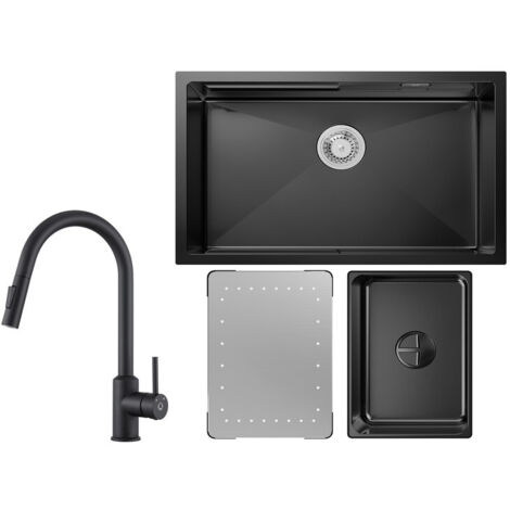 Cecipa Évier Cuisine 1 Bac Noir avec Egouttoir et Vasque Évier à Encastrer 70×44×21CM + Mitigeur de Cuisine avec Douchette Extractible - Noir (1/5)