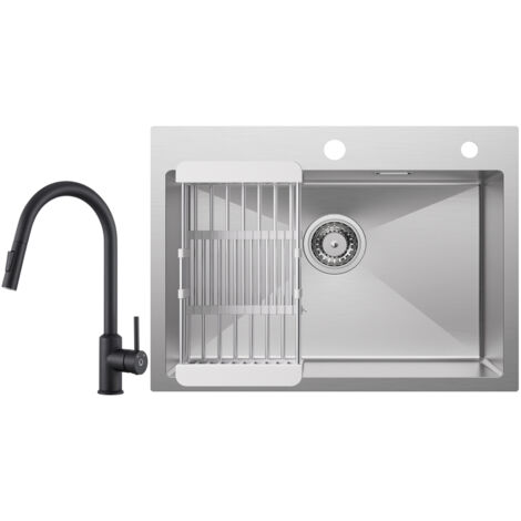Cecipa Évier de Cuisine 1 Bac 60×45×18CM Évier Cuisine Acier Inoxydable 304 Brossé avec Panier de Drainage + Mitigeur de Cuisine avec Douchette Extractible Rotatif à 360 ° Noir (1/5)