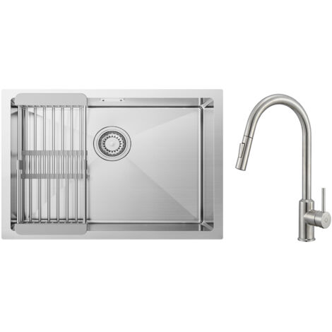 Évier de Cuisine 1 Bac Brossé avec Panier de Drainage 60×44cm + Mitigeur de Cuisine avec Douchette Extractible Rotatif à 360 ° Brossé (1/5)