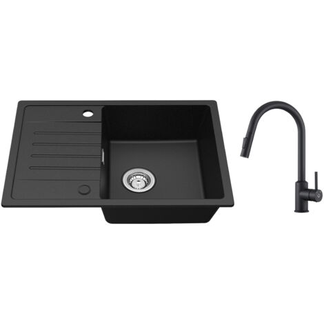 Cecipa Evier de cuisine avec égouttoir Noir 65 x 45 cm Evier à encastrer Deux directions d'installation + Mitigeur de Cuisine avec Douchette Extractible Rotatif à 360 ° Noir (1/5)