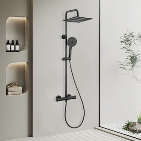 Auralum Max Colonne Douche Thermostatique, tête douche carrée 30 x 30 cm, Pommeau Douche ronde 5 Jets, Douche Pluie Réglable en Hauteur, avec Mitigeur en cuivre, Noir