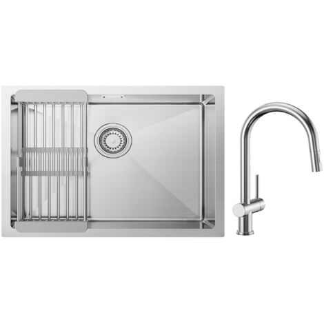 Évier de Cuisine 1 Bac Brossé avec Panier de Drainage 60×44cm + Mitigeur de Cuisine avec Douchette Extractible avec 2 Types de Jet Brossé (1/5)