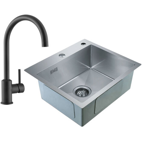 CECIPA 2 en 1  Evier 1 Bac Sans Distributeur de Savon 50 x 45 x 18,5cm + Robinet de Cuisine Noir (1/5)