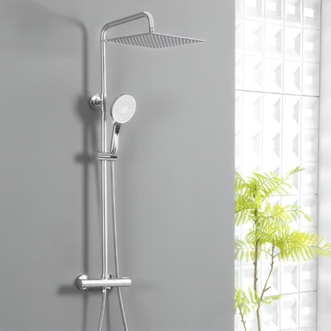 Auralum Max Colonne Douche Thermostatique, tête douche carrée 30 x 30 cm, Pommeau Douche ronde 5 Jets, Douche Pluie Réglable en Hauteur, avec Mitigeur en cuivre, Chromé (1/5)