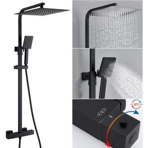 Auralum Max Ensemble de Douche avec Thermostatique Mitigeur Set de Douche avec Tête de Douche de Colonne de Douche Thermostatique 2 Fonctions Hauteur Réglable(80 - 124 mm), Noir (1/5)