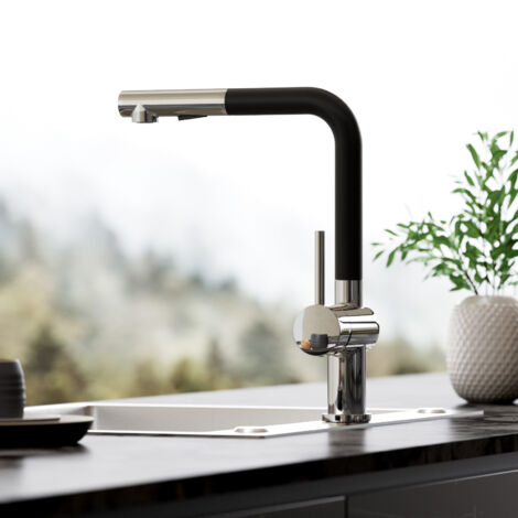 Mitigeur de Cuisine avec Douchette Extractible, Mitigeur de Cuisine avec 2 Modes de Sortie D'eau, Robinet de Cuisine 360° Rotatif, Noir + Galvanique