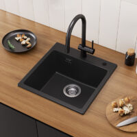 Cecipa Evier 1 Bac en Quartz et Résine 45x45cm - Evier de Cuisine Evier à Encastrer 1 cuve - Noir