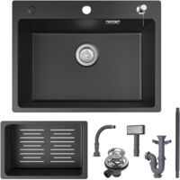 Cecipa Evier 1 Bac 60x45cm avec Panier de Vidange et Distributeur de Savon Gratuits - Evier en Quartz et Résine - Evier de Cuisine Noir