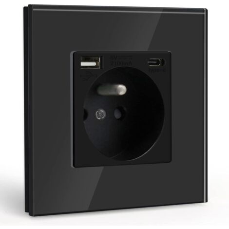 Multiprise Murale Max 2.1A avec USB et 1 Prise avec Type C,16A Prise de Courant Alternatif avec Panneau en Verre,Convient au Smartphone, à la Tablette (Noir)