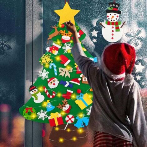 Ywlake Ensemble de sapin de Noël en feutre à faire soi-même de 1 m avec lumière et bonhomme de neige de Noël, 40 décorations détachables, fournitures de fête pour décoration murale intérieure