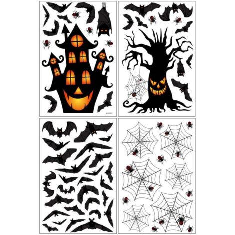 Autocollants d'Halloween Autocollants statiques noirs pour fenêtre avec arbre, maison, chauve-souris, araignée, toile d'araignée, 4 pièces, décoration d'Halloween, autocollants pour fenêtre d'Hallowee (1/5)