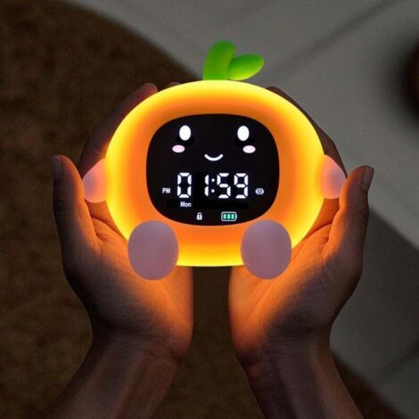 Réveil orange, veilleuse fruitée, multifonction, LED, tactile, en silicone, avec minuterie, veilleuse douce et support pour téléphone. (1/5)