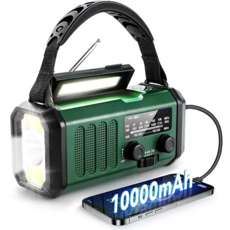 Radio à piles, à manivelle ou solaire, radio météo d'urgence, portable 10 000 mAh, radio AM/FM à manivelle, chargeur USB, lampe de poche, lampe de lecture, boussole, alarme de survie SOS, adaptée aux (1/5)