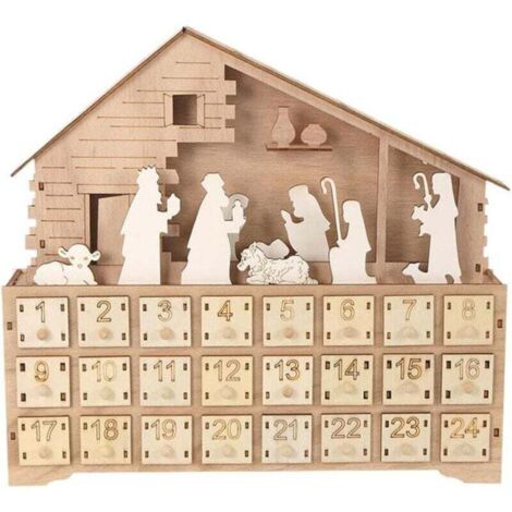 Calendrier de l'Avent de Noël 2025 en bois avec lumières LED, 24 tiroirs de rangement, compte à rebours et 24 décorations, crèche (1/5)