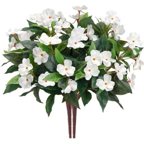 Bouquet d'impatiens artificiels à 7 tiges pour terrasse, pelouse, jardin, décoration de mariage, accessoires de photographie (2 pièces) Blanc