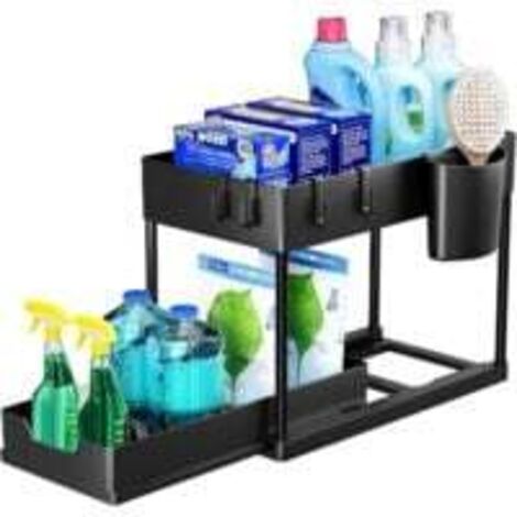 Étagère de rangement double couche sous évier avec tiroirs coulissants, organiseur multifonction pour cuisine et salle de bain – Noir
