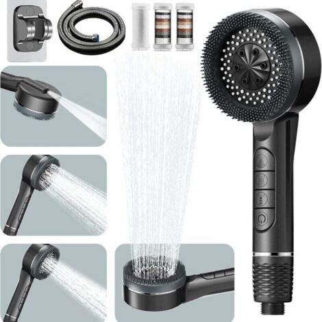 Pommeau Douche Haute Pression. Pommeau de Douche anti Calcaire. avec Tuyau 1.5M et Support de Douche. 4 Types de Jets Pommeau Douche Economie Deau avec Bouton D'arrêt D'eau. Gris argenté (1/4)