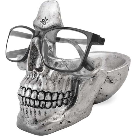 Monture de lunettes fantaisie en forme de tête de mort avec plateau de rangement pour table de chevet. sculpture en résine. décoration pour la maison ou le bureau (argenté) (1/4)